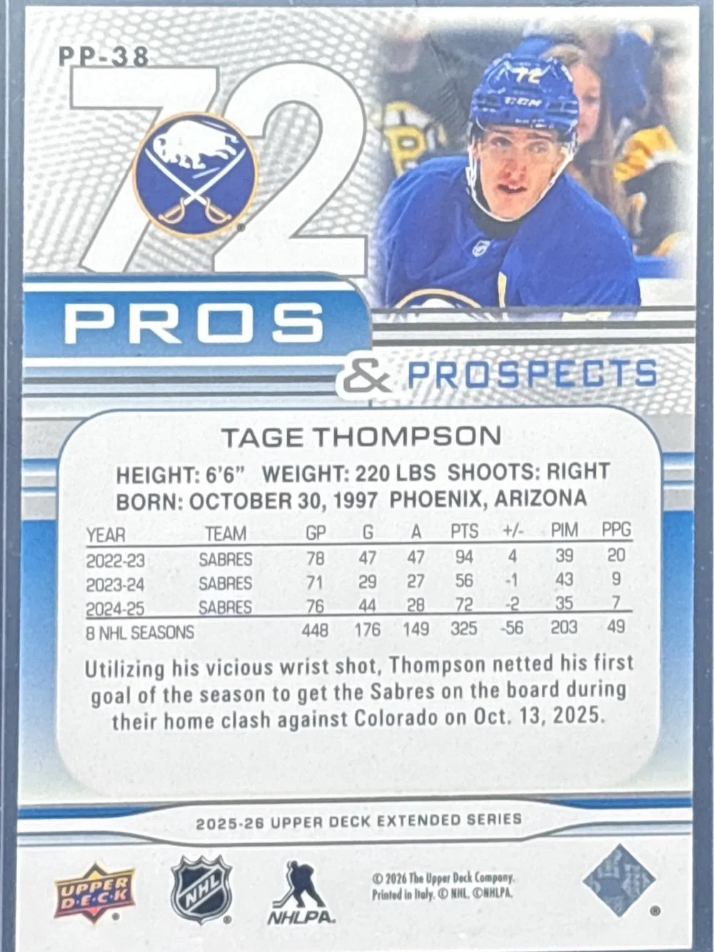 Upper Deck Pros & Prospects Tage Thompson Sabres Hockey Trading Card